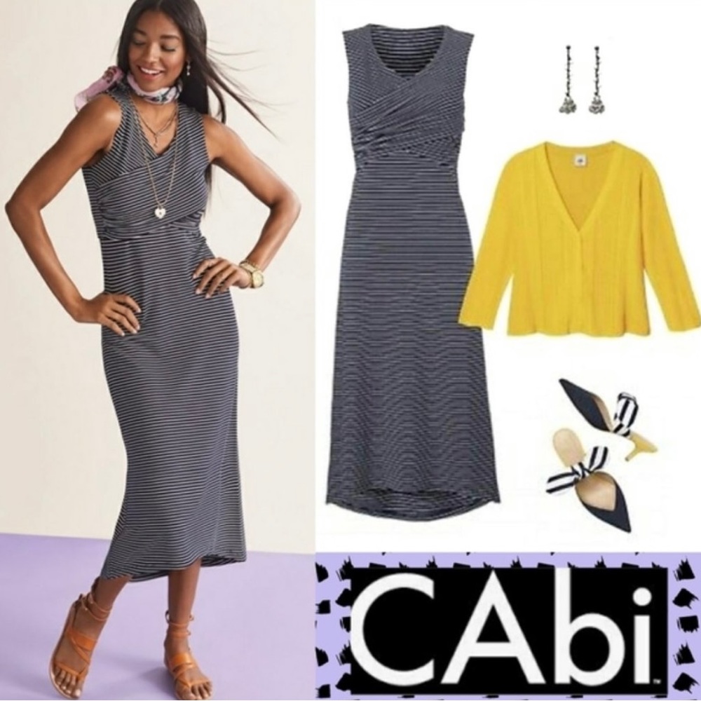CAbi #5610 Striped White Blue Launch Crossover Tank Maxi Dress Women's Sz L